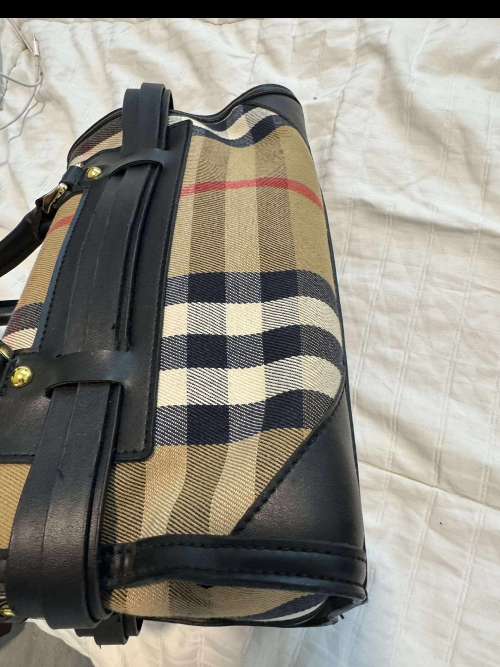 Checked Tan Duffel Bag with Black Leather Trim